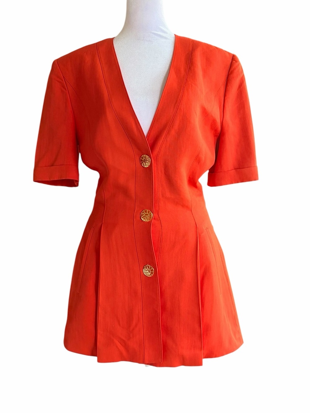 Louis Feraud Vintage Vibrant Orange V-Neck Short Sleeve Button Blouse